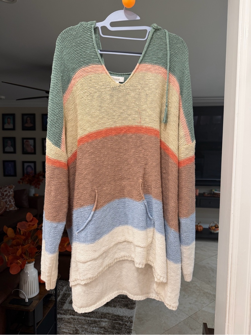 Natural Reflections V-Neck Striped Hoodie Sweater in Green, Cream, Brown & Blue